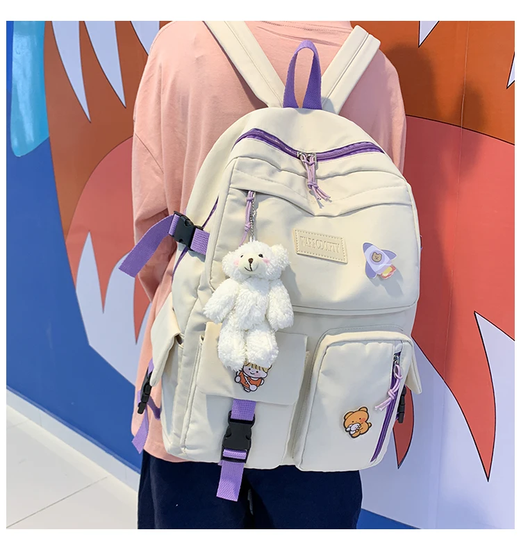 stylish eco friendly backpacks DCIMOR Fashion Nylon Women Backpack Female Cute Badge Travel Bag Multi-pocket Bear Schoolbag for Kawaii Girl Book Bagpack Preppy stylish backpacks for teenage girl