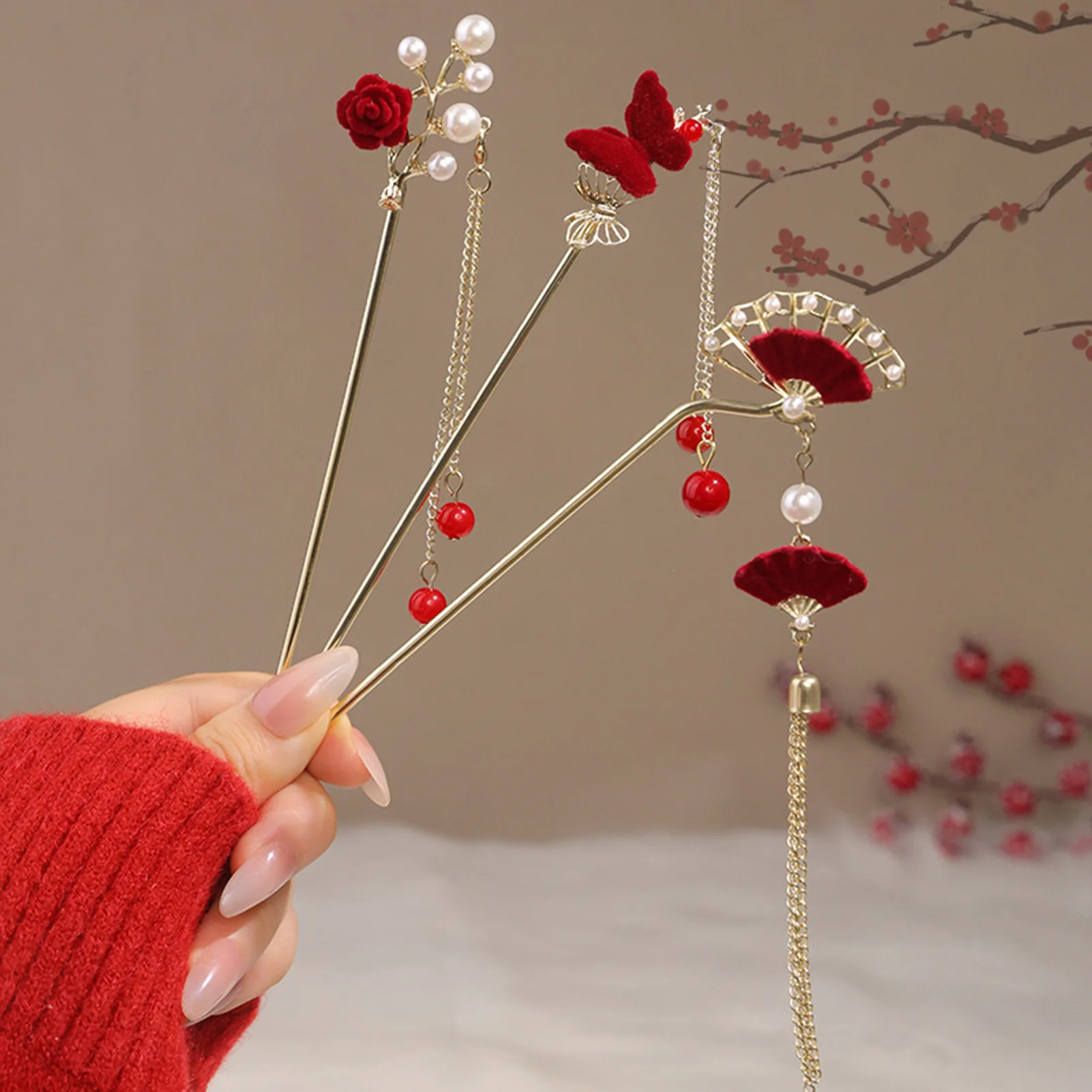 Neo-chinesischer Stil Blumen-Haarnadeln, eleganter roter Samt-Haarstab mit Blumenquasten für Frauen und Mädchen, trendiger Schmuck, Haar-Accessoires – Detail 8