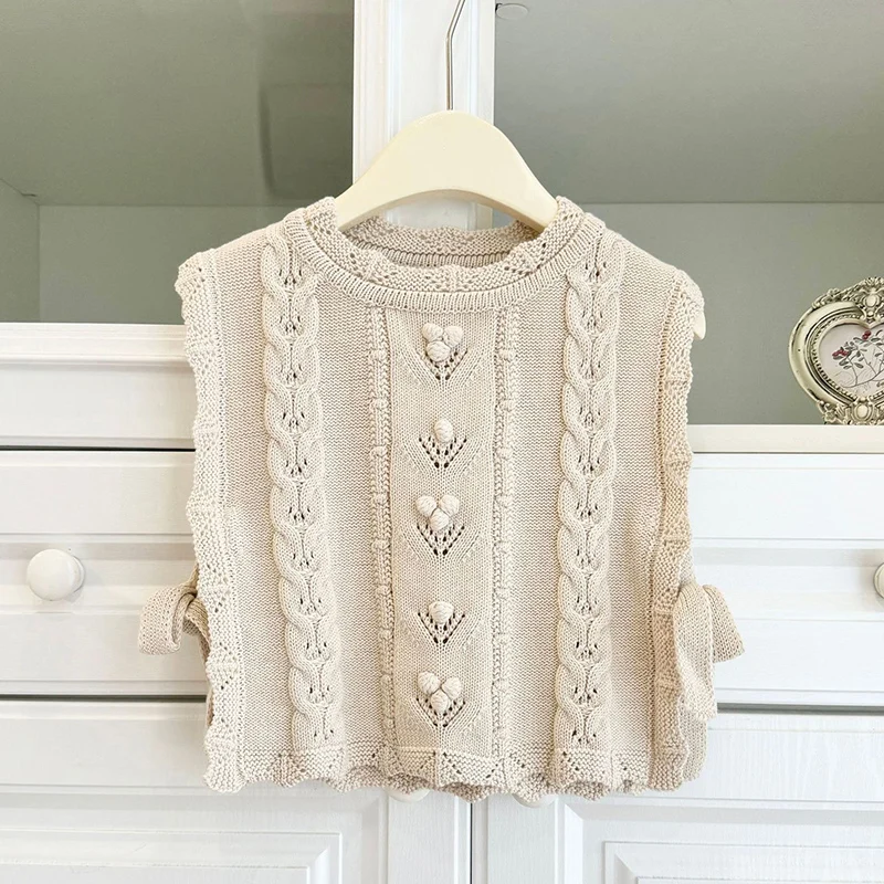 2026년 신상 봄 2-7세 아동용 스웨터 민소매 단색 니트 조끼  소녀 니트 풀오버 조끼 어린이 의류
