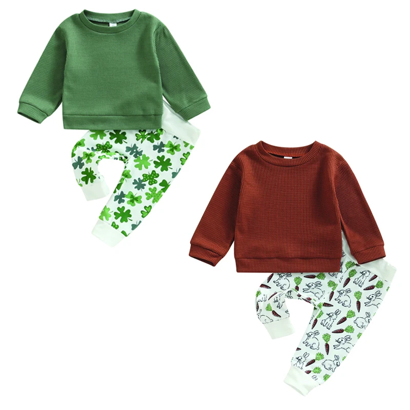 

Toddler Baby's Clothes Girls Autumn Outfit Sets Green Long Sleeve Tops Four Leaf Clover Print Pants Children's Clothing Set