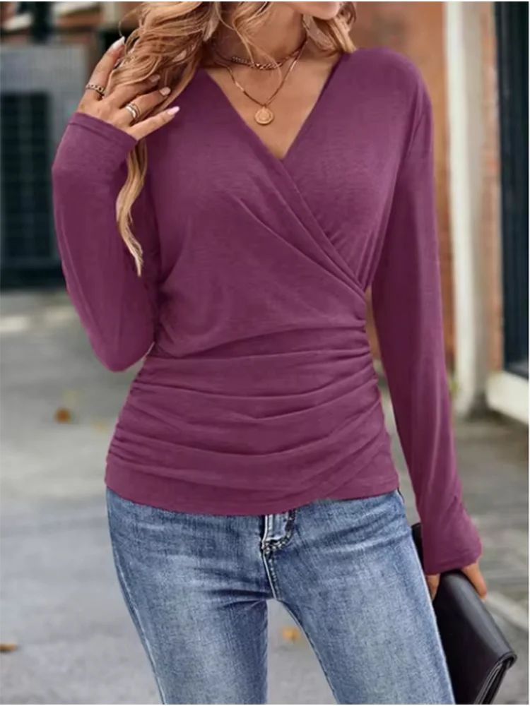 Schwarz Casual V-ausschnitt Langarm Plissee Einfarbig T-shirt frauen High Street Fashion Dating Vielseitig Herbst Elegante Top