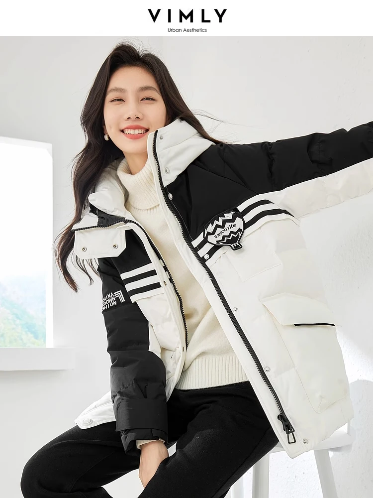 Vimly 2023 Winter Contrast Hooded Zipper Down Jackets Striped Straight Stand Collar Warm Long Down Coats Women's Outerwear 50637