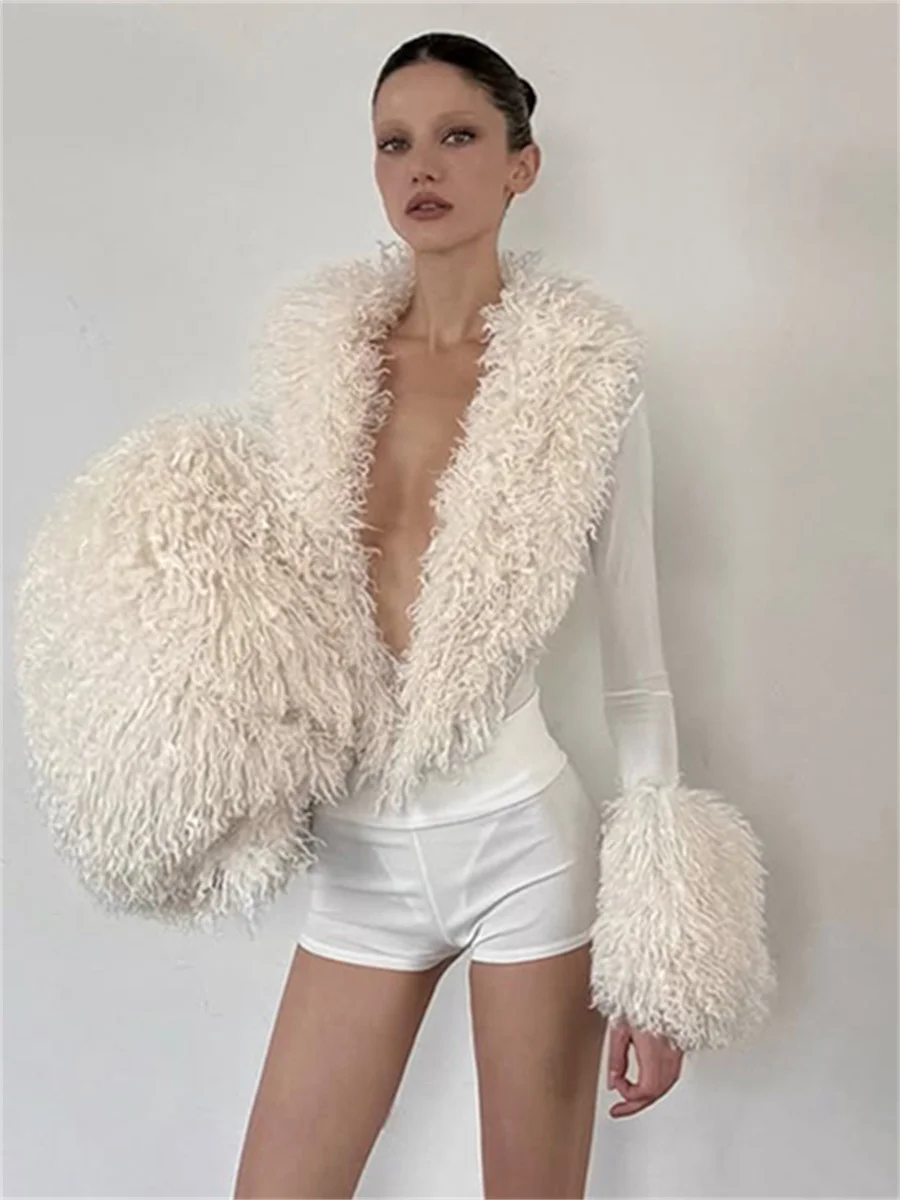 Nibber Fashion Furry Patchwork 2 Piece Set Women Sexy Deep V-Neck Full Sleeve Top+Bike Short Midnight Elegant Activity Suits