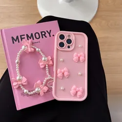 Elegant Bow Tie Pearl Chain Rope Soft Phone Case Cover - iPhone 13 (Pink)