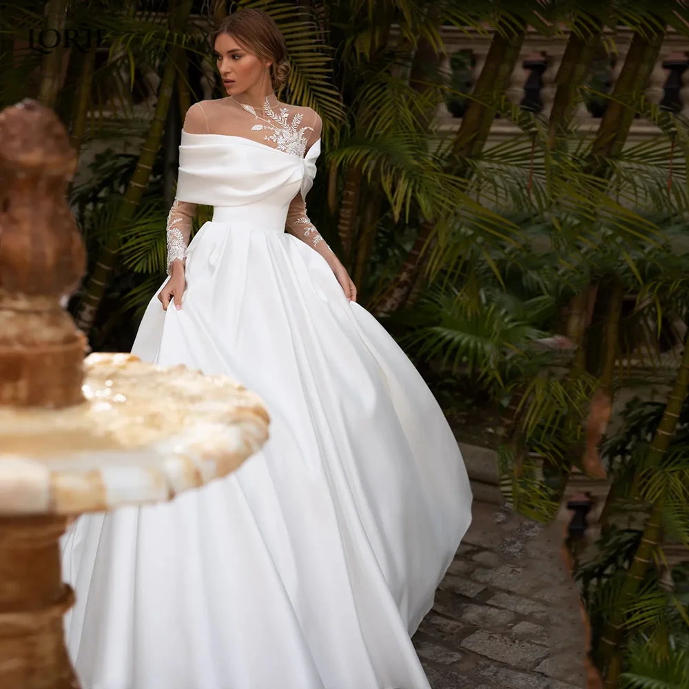 Wedding Dresses LORIE Vintage Lace High Neck Applique A-Line Bridal Gowns Irregular Neckline Pleats Princess BrideGown