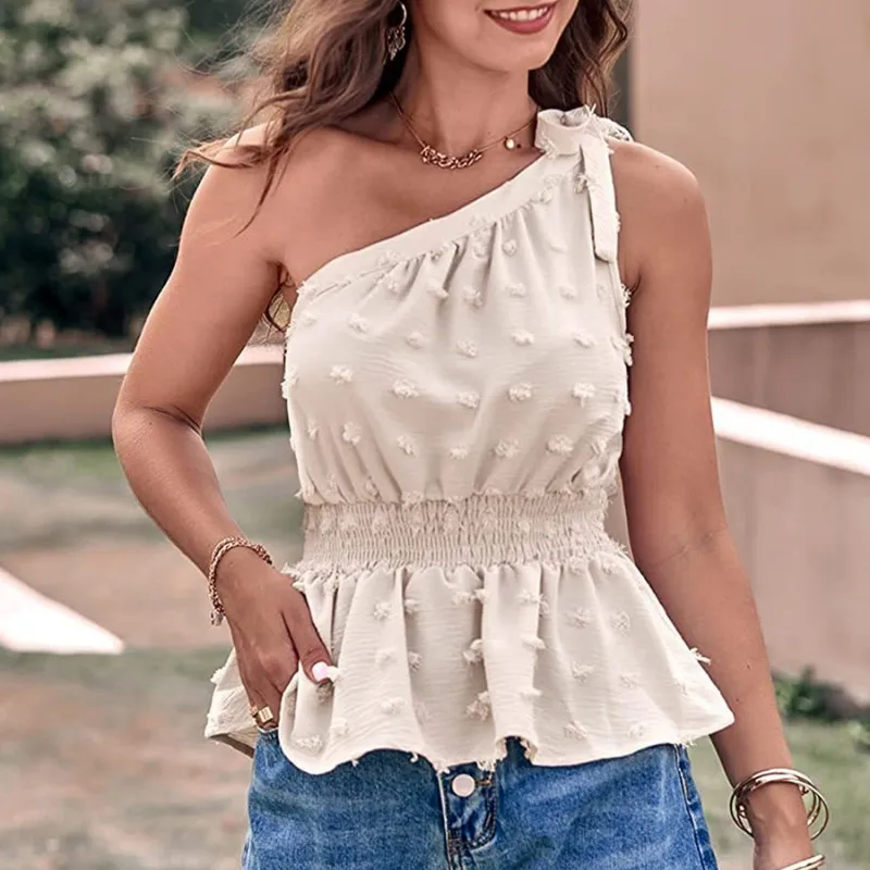 

Women Y2K Fashion Tank Tops Swiss Dot Tie Knot One Shoulder Vests Summer Elastic Waist Ruffles Sleeveless Shirts Streetwear