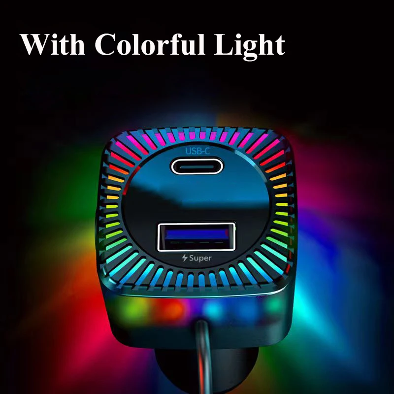 용수철 케이블이 달린 USB C 차량용 충전기 어댑터, 다채로운 빛 PD 30W, 3 in 1, 맥북 삼성 아이폰용 초고속 충전, 280W