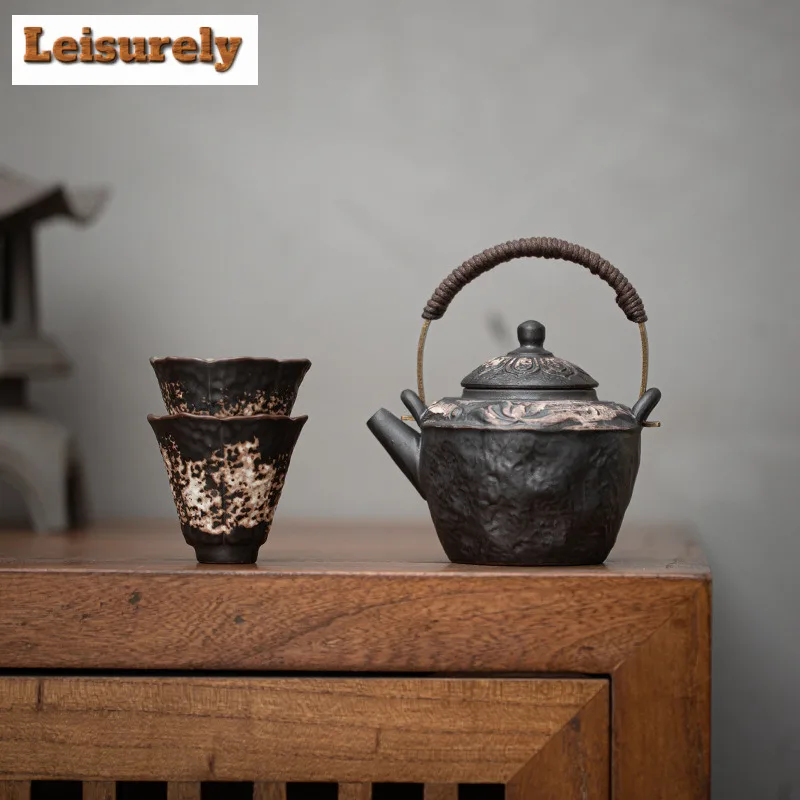 200ML Wabi Sabi Style Ancient Lotus Lifting Handle Teapot Retro Tea Infuser Pot Tea Brewing Kettle With Strainer Tea Services