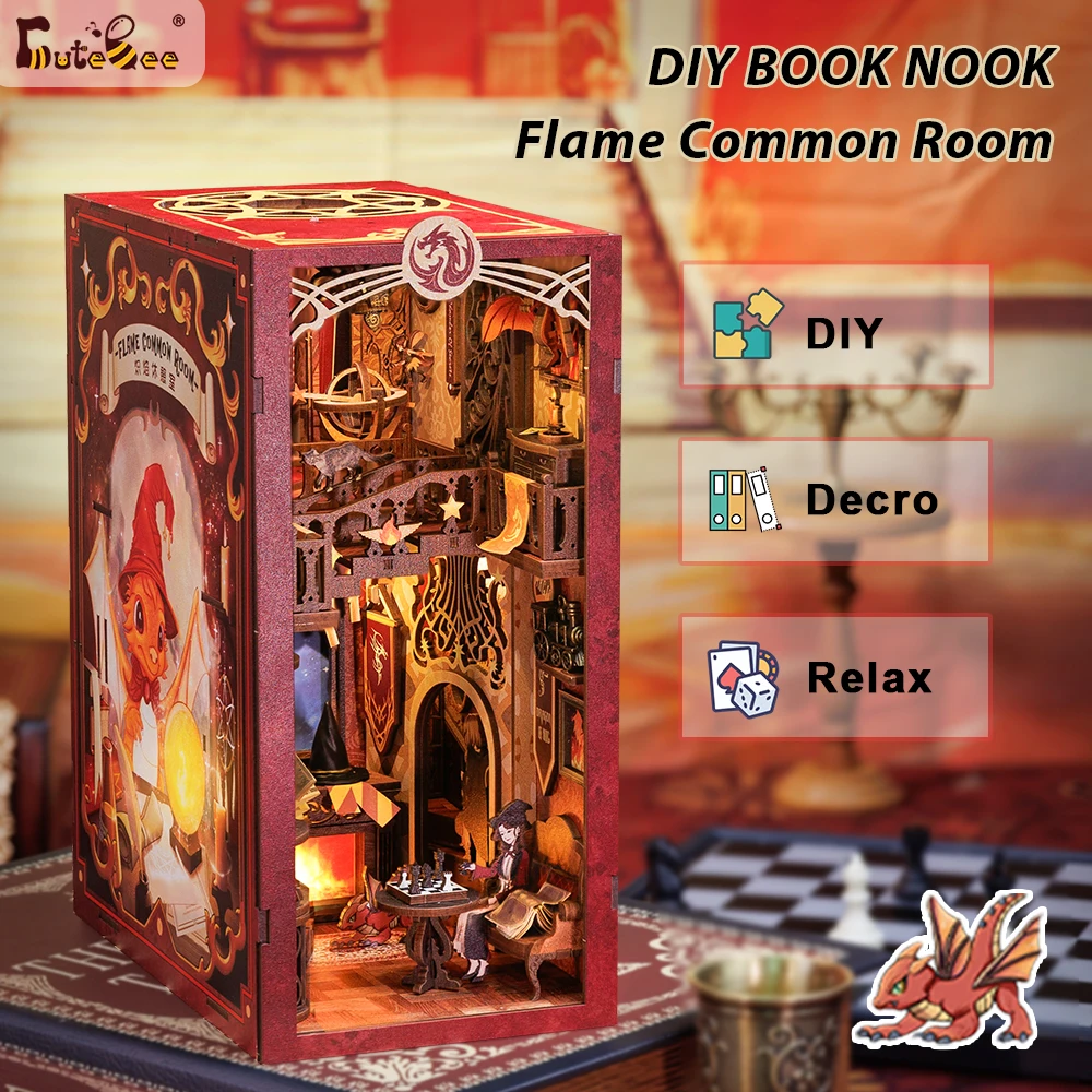 

CUTEBEE Book Nook Doll House 3D Puzzle With Touch Light Dust Cover Magic Gift Ideas Bookshelf Insert Toy Gifts Flame Common Room