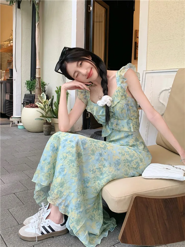 

Fashion Women Green Floral Print Ruffles Holiday Dress Summer Flying Sleeve Long Dress Seaside Beach A Line Fairy Photo Dress