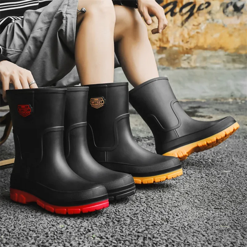 Bottes mi-mollet homme à semelle épaisse pour pêche et cuisine - Imperméables en PVC avec bout rond