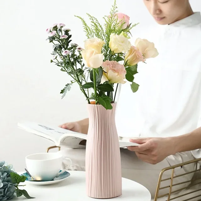 Plastic Flower Vase White Pink Imitation Ceramic Flower Desktop Ornament Home Decor Office Wedding Environment Basket Vase 6