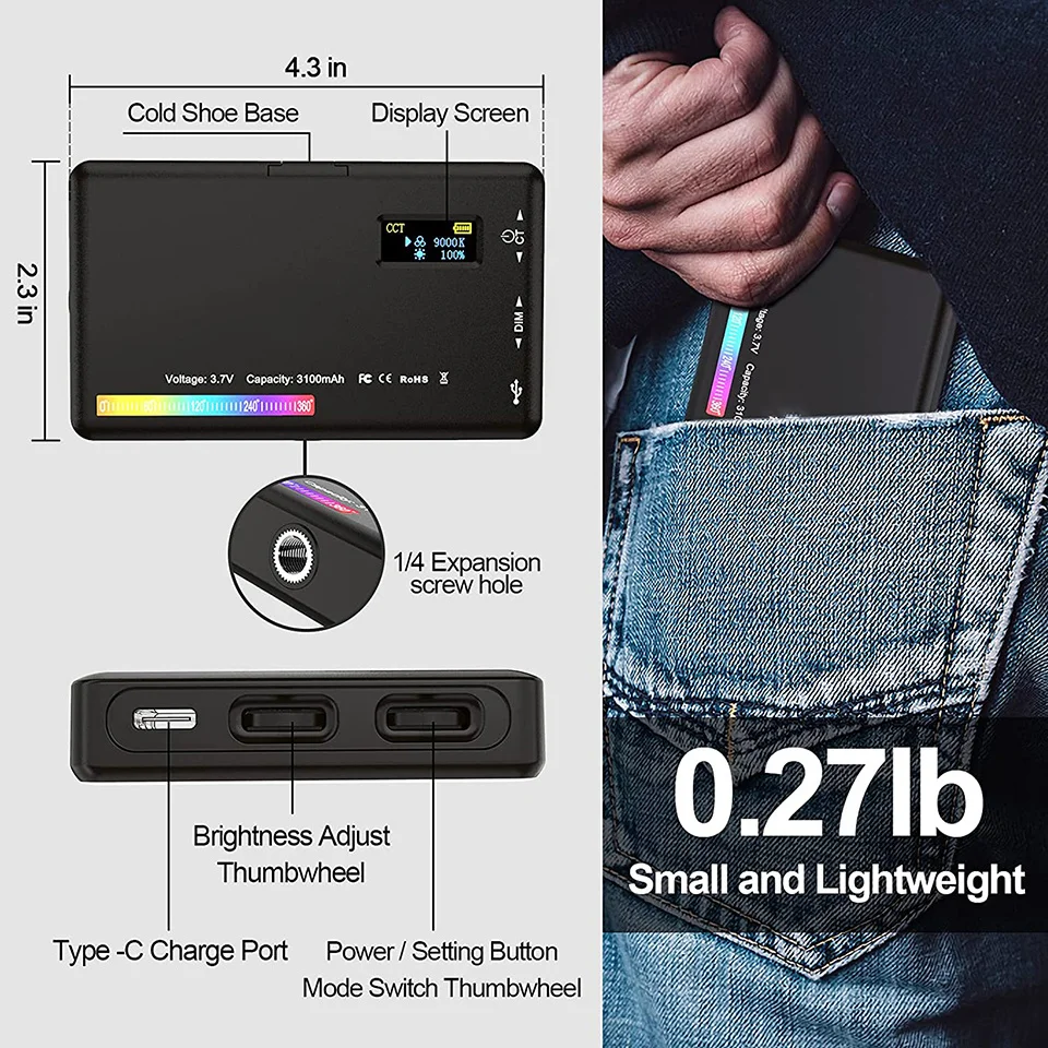 LED RGB Camera Light Full Color Output Video Light Kit Dimmable 2500K-9000K Bi-Color Panel CRI 95+ Rechargeable 3100mAh led fill light led video light handheld led light led photography light led selfie light