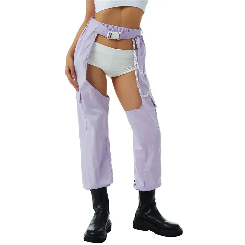 Women Open Crotch Long Pants Solid Black High Waist Crotchless Trousers With Chain Belt Lady Sexy Night Club Crotch Pants MYQH05