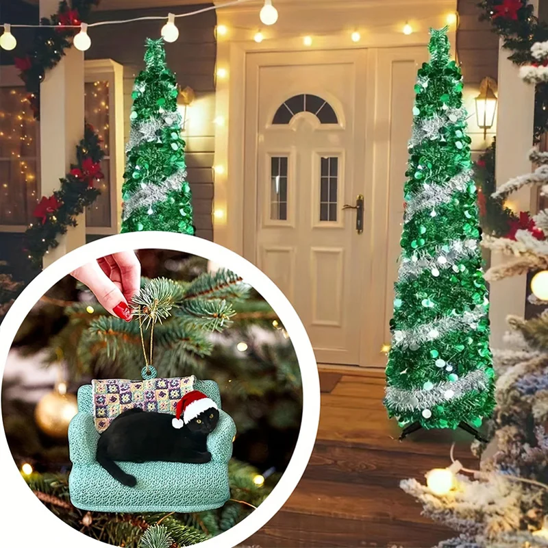 Ciondolo Natalizio A Forma Di Gatto In Acrilico - Decorazione Per Albero, Finestre, Porte, 8x8 Cm