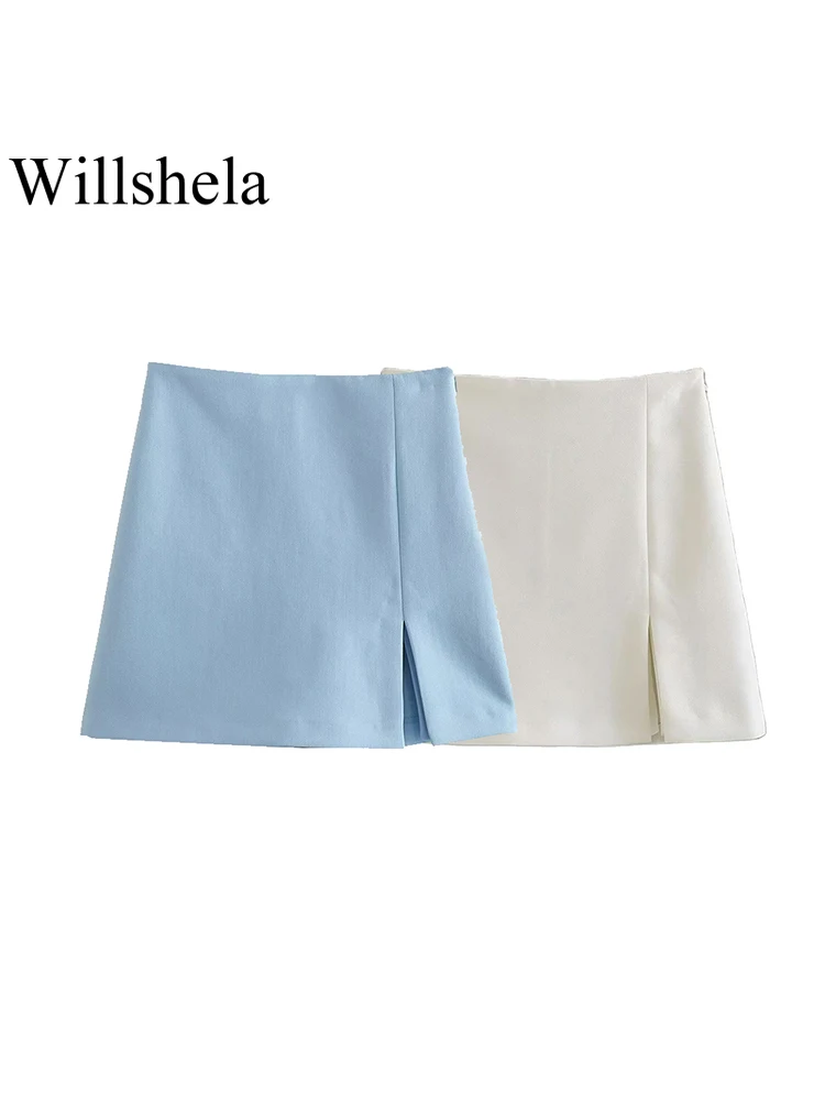 

Willshela Women Fashion Solid Side Slit Zipper Mini Skirts Shorts Vintage High Waist Female Chic Lady Shorts