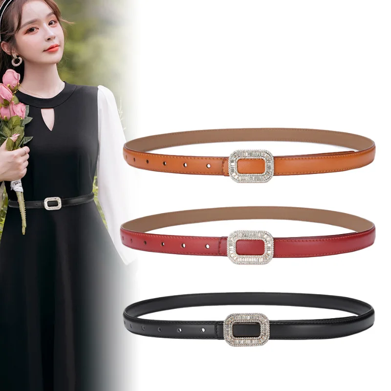 

Rhinestone Jewelry Thin Belt Female Decorative Jeans Dress Cowhide Leather Belt Ladies Leather Belts Wholesale