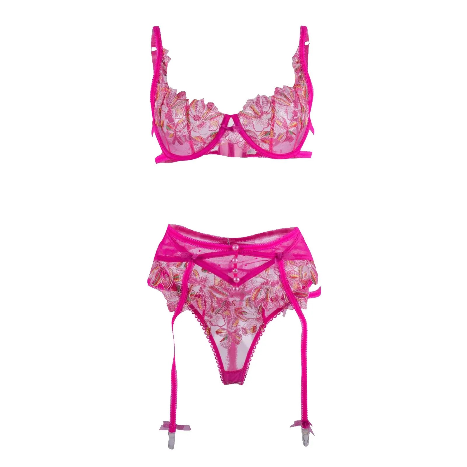 Women'S Sexy Fun Underwears Hanging Socks Embroidered Mesh Shaping Split Set Elastic Soft Comfortable Female Lingerie