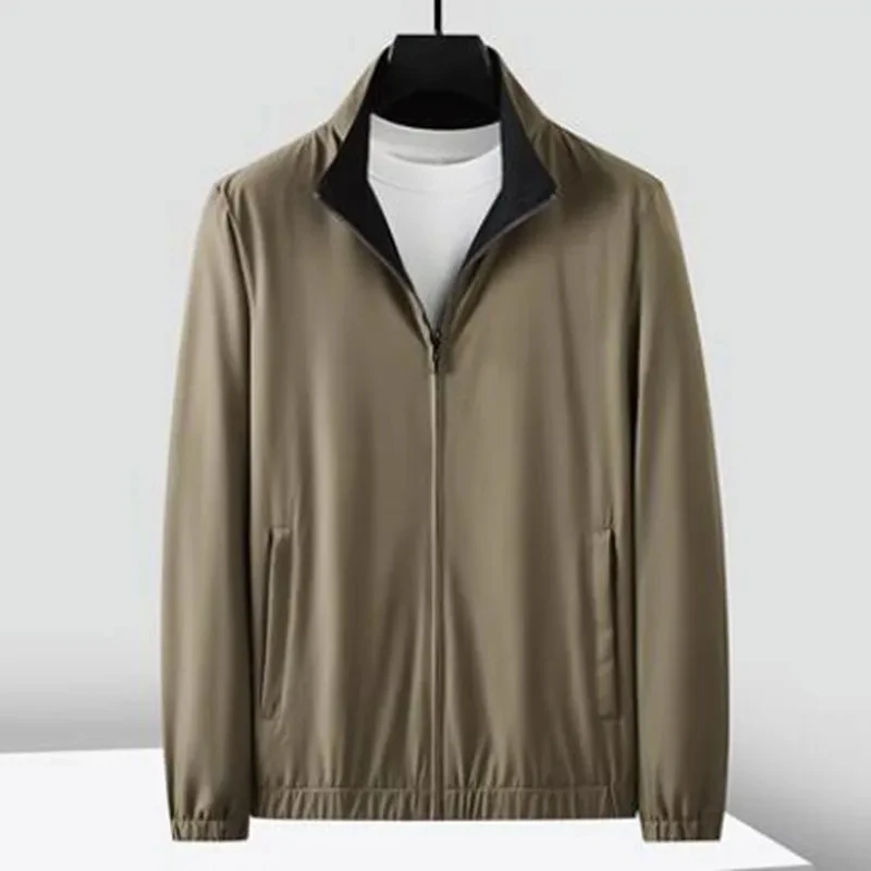 Fall Winter Men's High-end business reversible knitted wool basic autumn zipper stand up collar casual wool jacket 4