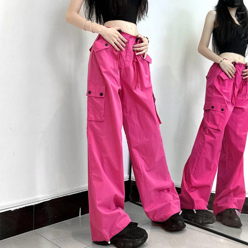 DAYIFUN-Women's High Waist Cargo Pants Straight Trousers Female Wide Leg Long Pants Casual American Cotton Sports Summer