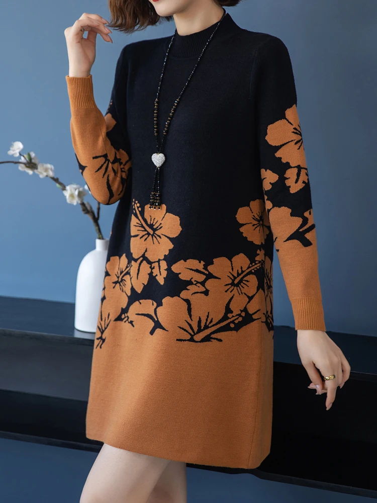 Turtleneck Sweater Women Autumn Winter Causal Women's Clothing Pullover  Knitted Dress Floral Print Long Sweaters For Women - AliExpress 200000345
