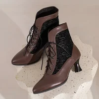 Women Victorian Ankle Boots Leather Lace Heel Shoes for women  Fashion Lace Up Spliced Ladies High Heels Woman Boots Ankle 46 - Image 3