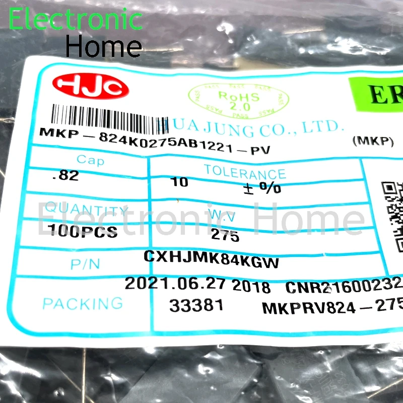 HJC MKP 0.82uf 824 820nf 310v 275v X2 Safety Standard Thin Film Capacitor Farad 25.5x15x7.5mm Foot Distance 22.5mm 20PCS
