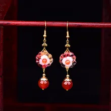  Retro Simple Red Chalcedony Pendant Earrings Fresh Exquisite Shell Flower Eardrop Chinese Ancient Palace Jewelry Accessories 