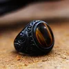 Bagues Vintage en Zircon noir turc pour hommes, faites à la main, rétro, en acier inoxydable, en pierre d'oeil de tigre, bijoux de fiançailles de mariage classiques