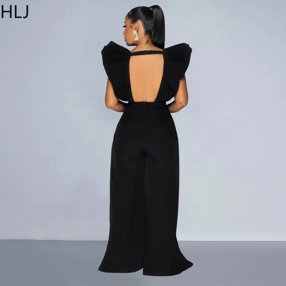 HLJ Fashion Ruffles Deep V Backless Wide Leg Pants Jumpsuits Women Sleeveless Ruched Slit Playsuits Casual Solid Clothes Overall