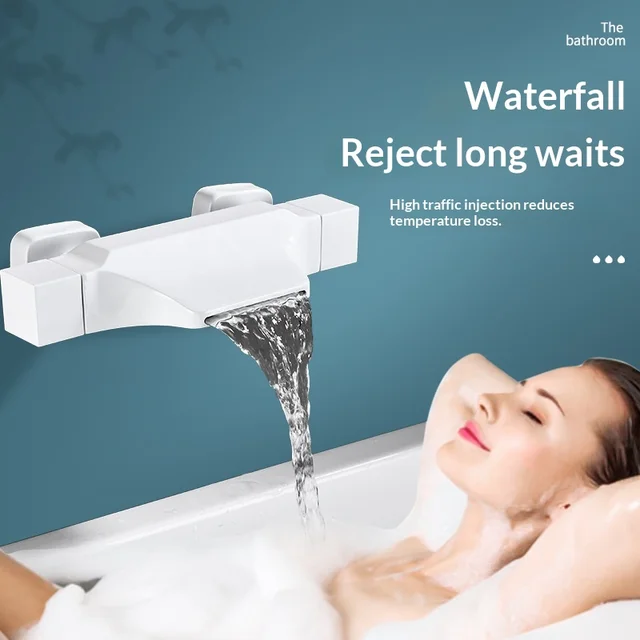 ก๊อกน้ำอ่างอาบน้ำแบบน้ำตกสีทองเหลืองดำ ติดผนังแบบซ่อน พร้อมก๊อกน้ำร้อนน้ำเย็นแบบติดขอบอ่าง 1