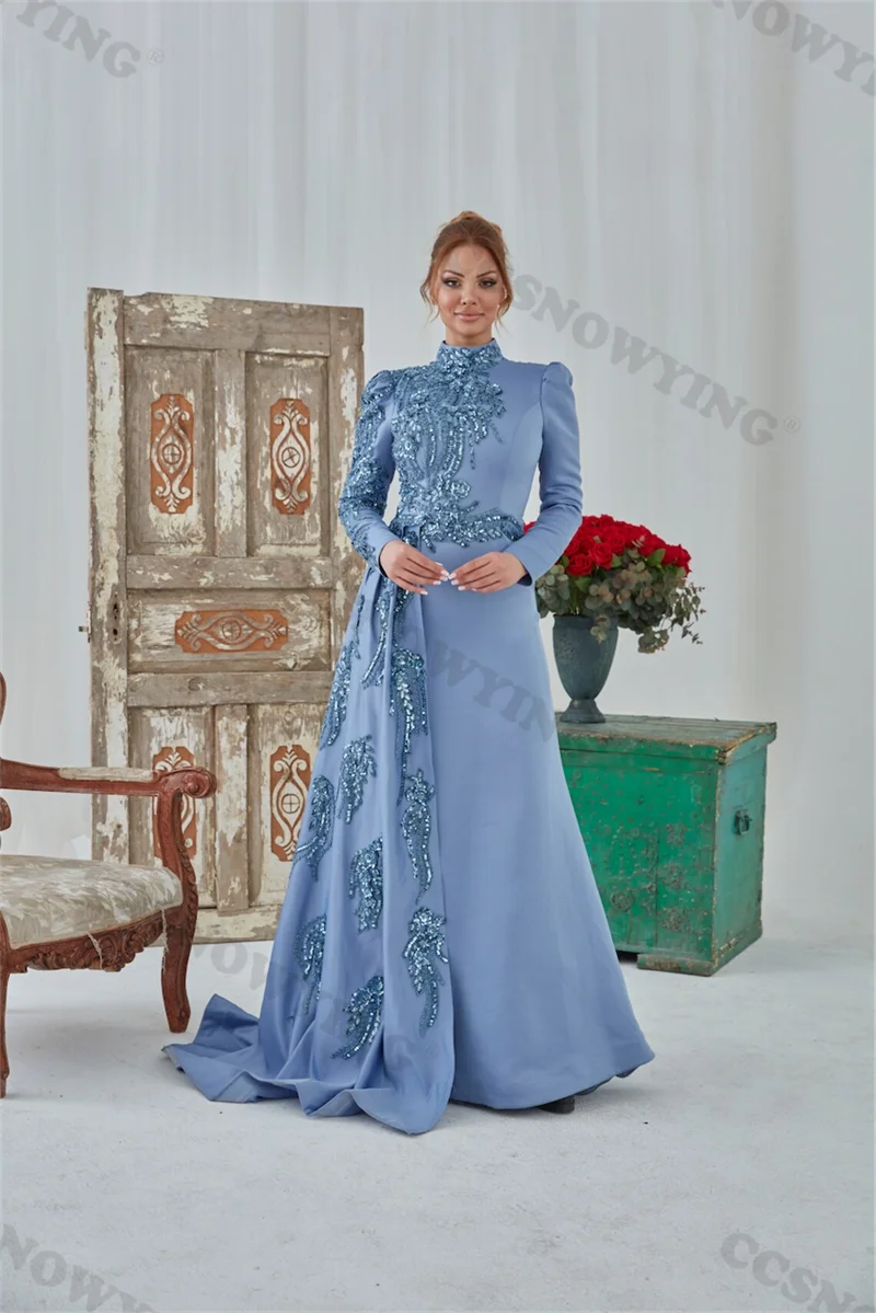 

Long Sleeve Muslim Evening Dresses Satin Appliques Beaded Hijab Islamic Formal Party Gown Arabic Dubai Women Robe De Soiree