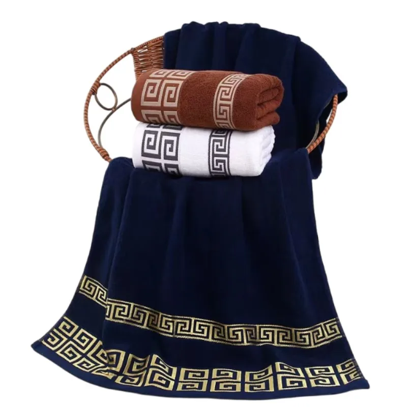 Bath Towels Cotton Towel 70x140cm Large Bath Towel 100% Cotton Geometric Embroidered Thick Soft Absorbent Luxury Hotel and Spa Bathroom Towel Blue White