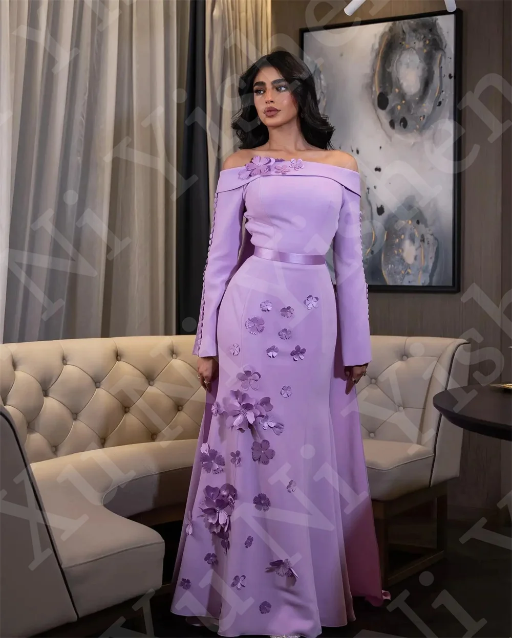

Beautiful Evening Dress Off-Shoulder Boat Neck Buttons Long Sleeves Light Purple Long Party Dress 3D Floral Mermaid Prom Dress