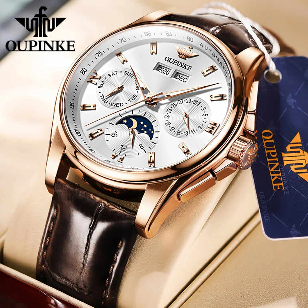 

OUPINKE High Quality Automatic Mechanical Watch for Men Waterproof Top Brand Luxury Moon Phase Men's Wristwatches Reloj Hombre