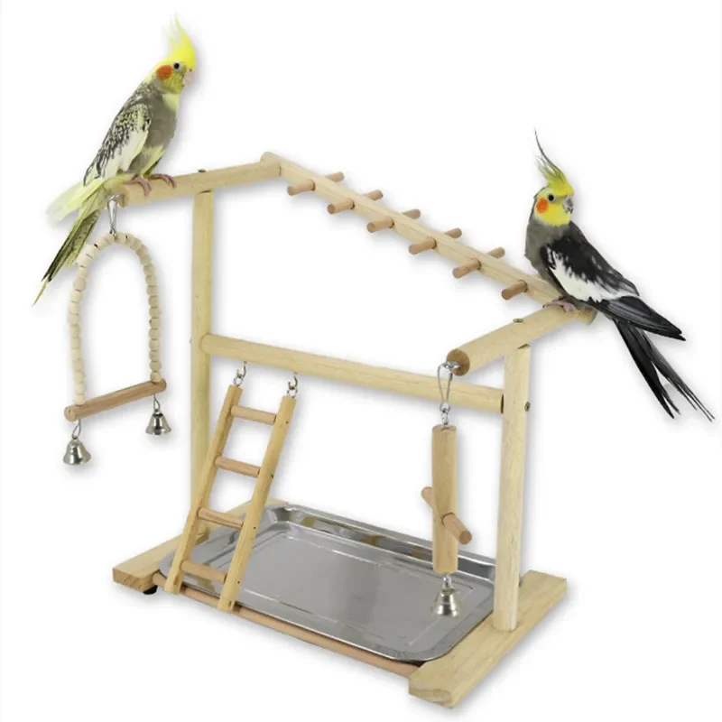 Parrot Playstand Bird Plays Stand Cockatiel Playground Wooden Perch Gym Playground Ladder Plate Bird Toy with Metal Feeder