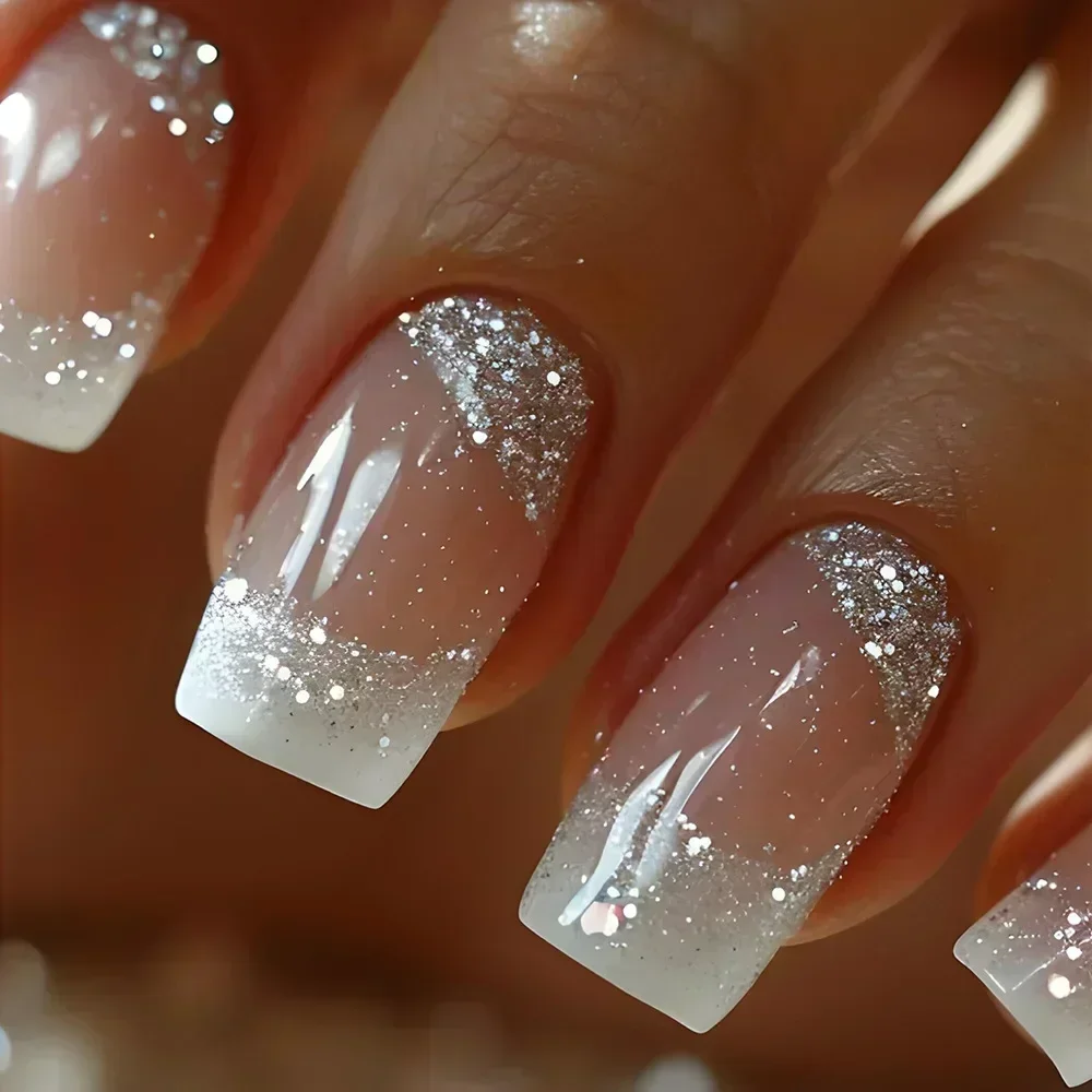 Fake nails 24pcs black short ballet jelly glue French design