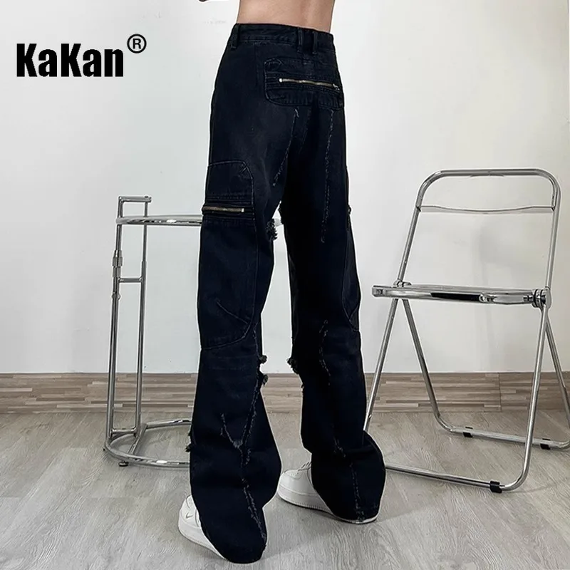 Kakan - Europe and The United States New Retro Ripped Hole Jeans Men's, Zipper Straight Tide Long Black Jeans K27