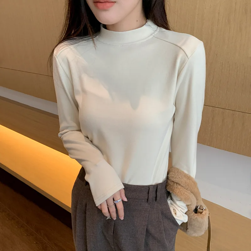 

Однотонный топ, Женская осенне-зимняя плюшевая футболка с воротником-стойкой и длинными рукавами, универсальная теплая Женская одежда в Корейском стиле