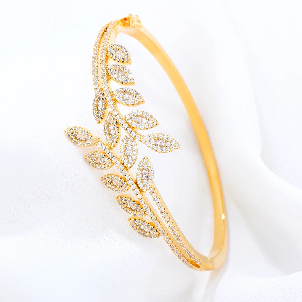 GODKI Maxi Size 3 Colors Leaf Bracelet Bangle For Women Wedding Party Zircon Crystal Engagement DUBAI Bridal Jewelry Gifts