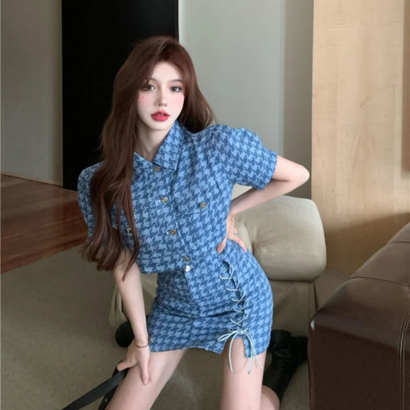 Oversized Age Reducing Set Summer Sweet Cool Spicy Girl Style Thousand Bird Checker Short Top Half Skirt Two Piece Set for Woman