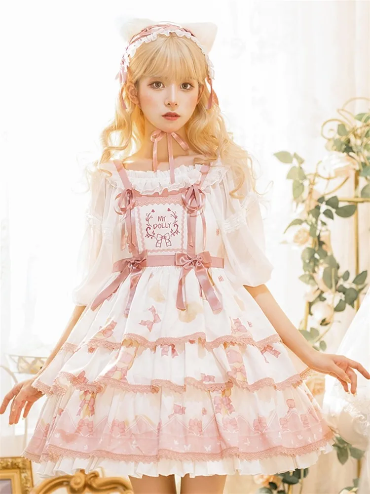 

Pink White Lolita Jsk Candy Cat Kawaii Style Summer Lovely Lolita Doll Girls Dress Sweet Jsk Fashion Princess Maid Japanese Cos