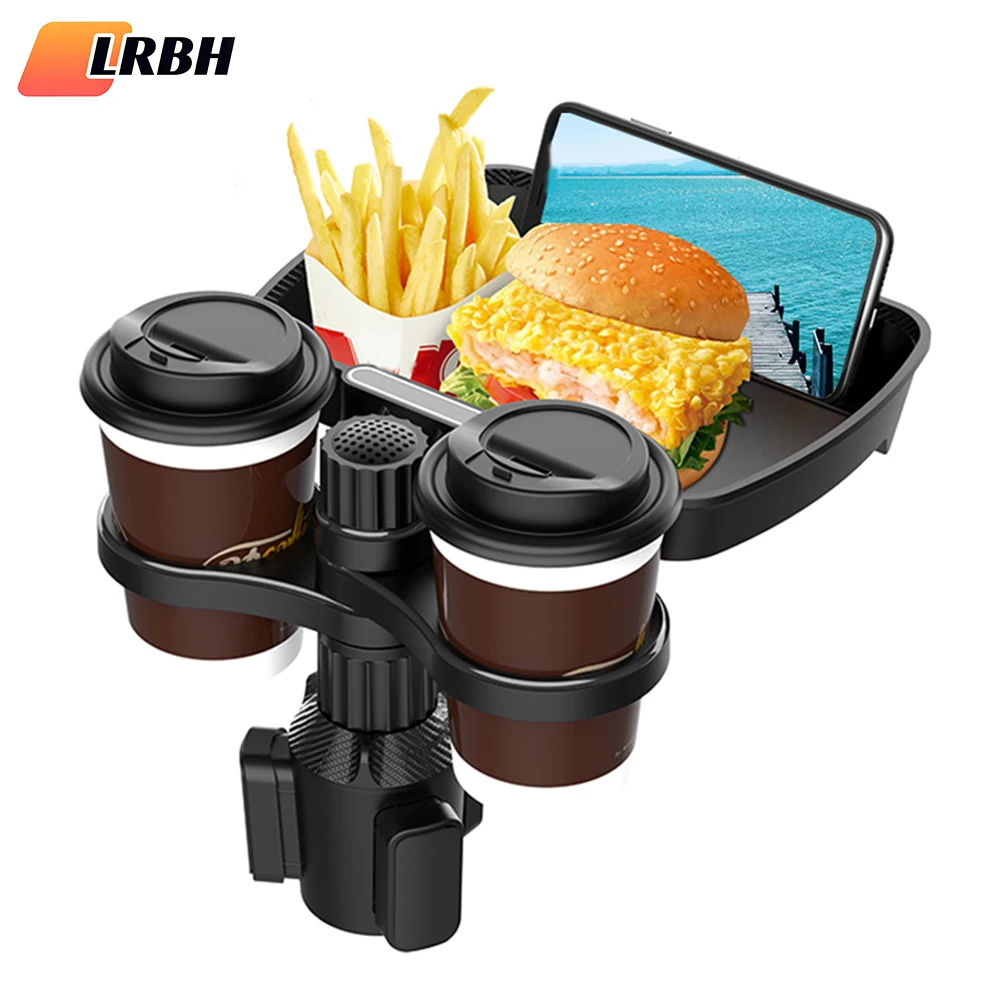 Universal Dual Cup Holder Expander with 360° Rotating Snack and Drink Tray