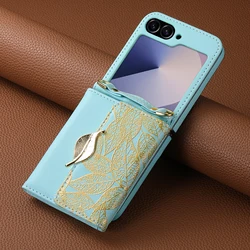 Elegant Leaf Crossbody Wallet Phone Case - Multi - Card Slot Foldable Leather Cover with Strap - Galaxy Z Flip 6 (Cyan)
