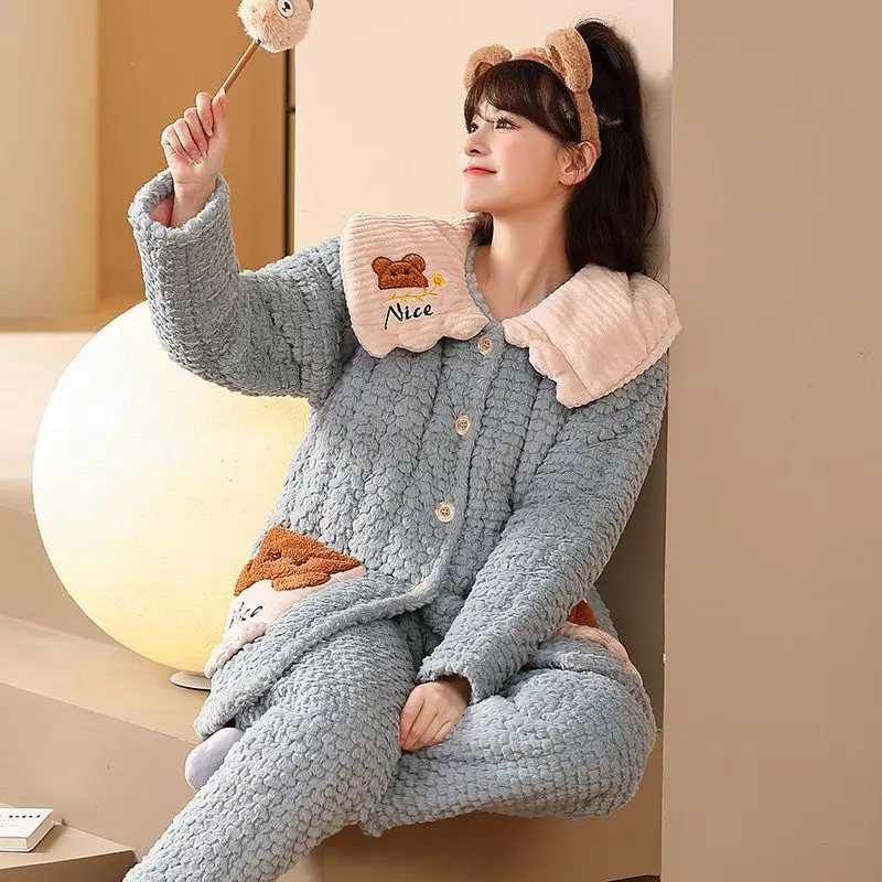 Pajamas Three Layers Cotton Padded Sleepwear Sets Women Coral Velvet Warm Flannel Autumn Winter Outside Wear Home Service Suit
