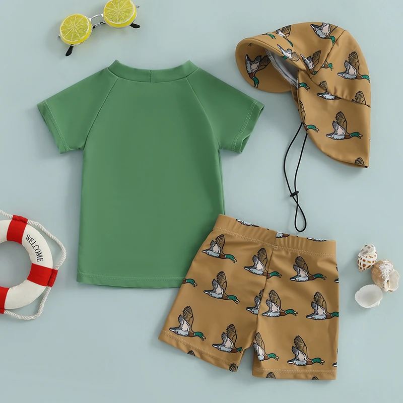 Toddler Baby Boys Rash Guard Swimsuit Set Shark/Duck Print Short Sleeve Round Neck Tops with Shorts and Swim Hat 3 Pcs Set kids swimsuits boys swim shorts
