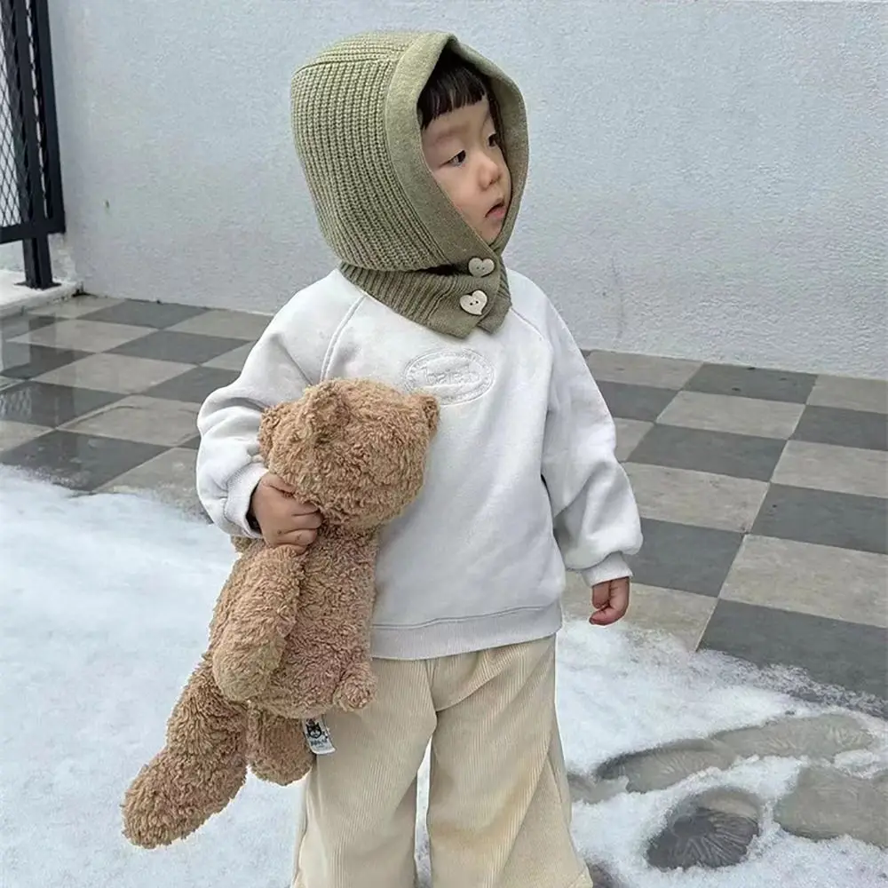 Solid Color Woolen Knitted Children Hat Winter Warm One Piece Ear Protection Cap Korean Style Shawl Hat For Boys Girls