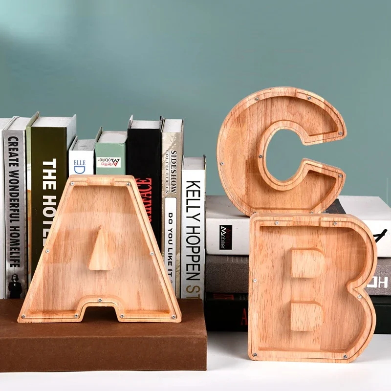 Twenty-six Letter Piggy Bank Wooden Coin Money Saving Box Jar Coins Storage Box Desktop Ornament Home Decor Crafts Xmas Gift 2