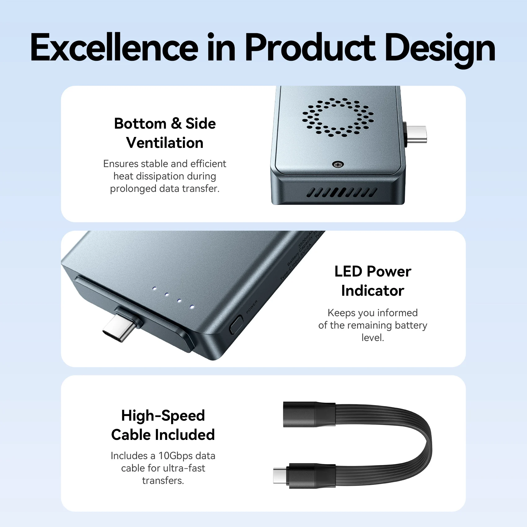 Vention 2-in-1 M.2 NVMe SSD 2230 인클로저 3500mAh 보조베터리 USB 3.2 10Gbps 케이스 4K ProRes 아이폰 맥북 노트북용 휴대용