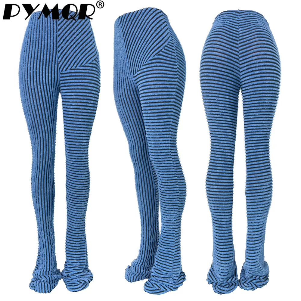 PYMQR New Fur Texture Elastic Slim Fitting Stacked Pants Women 2023 Winter Vintage Y2K Bodycon Sports Jogger Streetwear Trousers